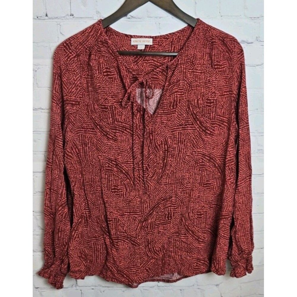 Knox Rose Women's Peasant Blouse Geometric Smocked Cuffs Boho V Tie Neck size Lg
